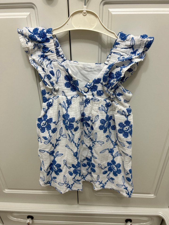 Mavi Nakışlı Kolsuz Bohem Kız Elbisesi - Görsel 4