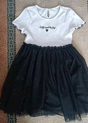 Kız Çocuk Beyaz Siyah Pullu Kısa Kollu Elbise