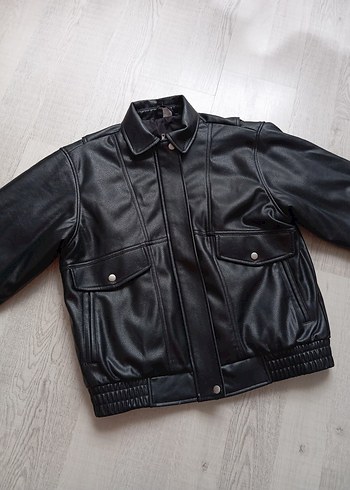 xs Beden Siyah Deri Cepken Fermuarlı Oversize