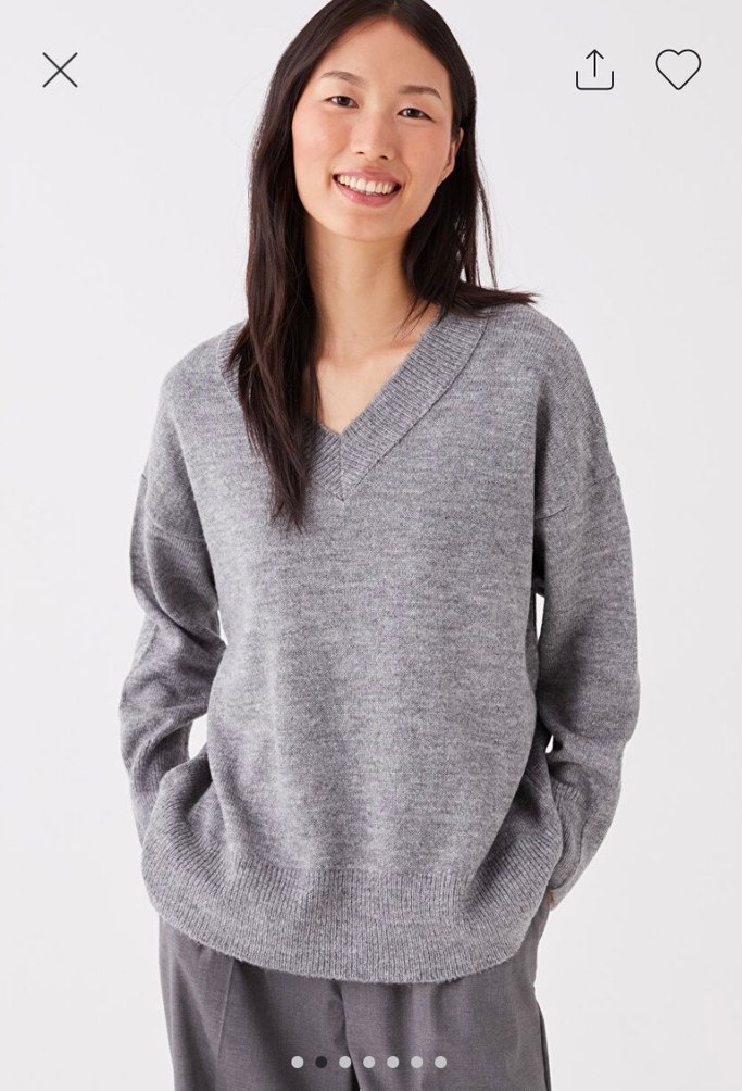 Gri V Yakalı Örgü Yün Kadın Kazak - Görsel 2
