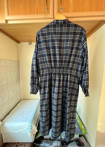 38 Beden gri Renk Gri Ekoseli Kadın Uzun Kollu Salaş Elbise