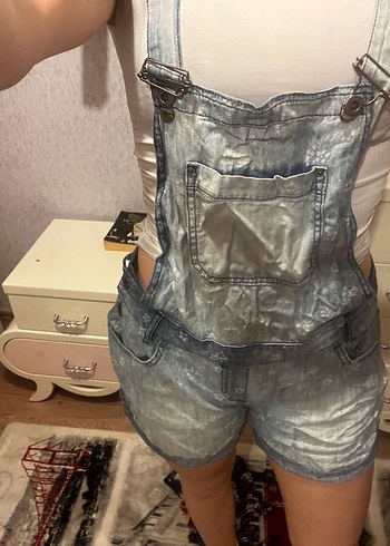 Gri Batik Desenli Denim Kadın Şort Tulum - Görsel 2