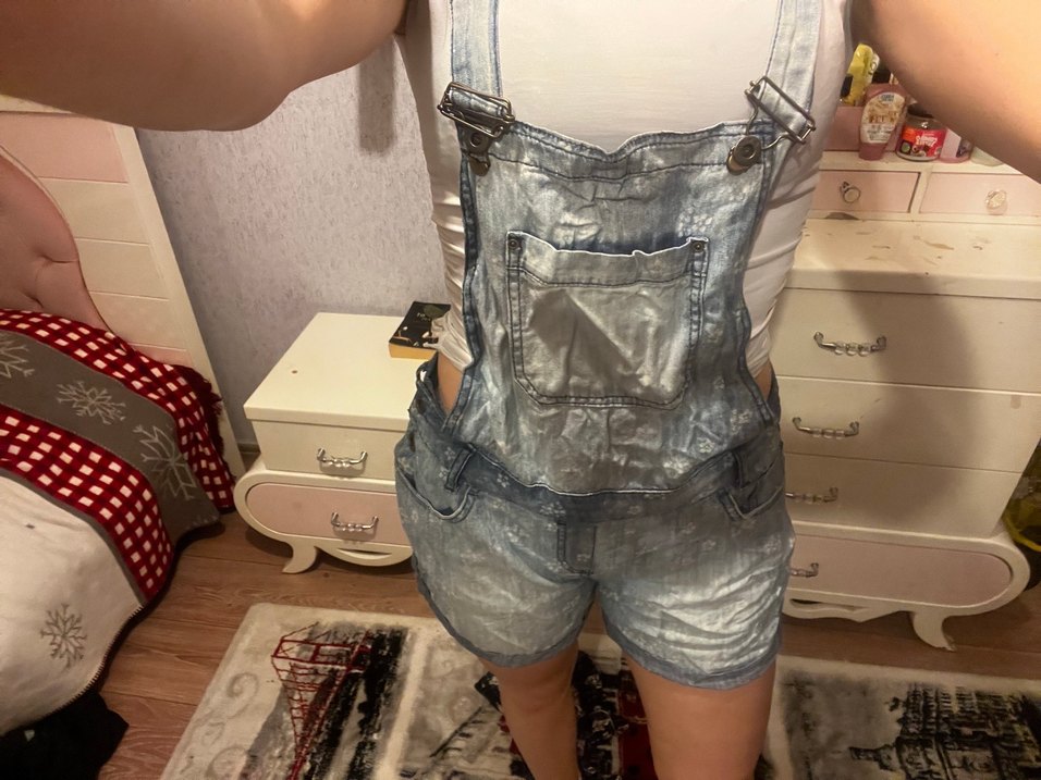 Gri Batik Desenli Denim Kadın Şort Tulum - Görsel 2