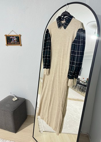 Diğer Bej Ekose Desenli Triko Kadın Elbise