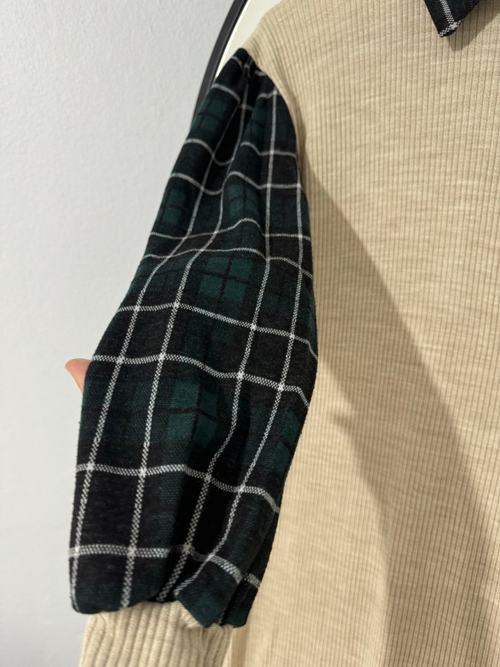 Bej Ekose Desenli Triko Kadın Elbise - Görsel 4