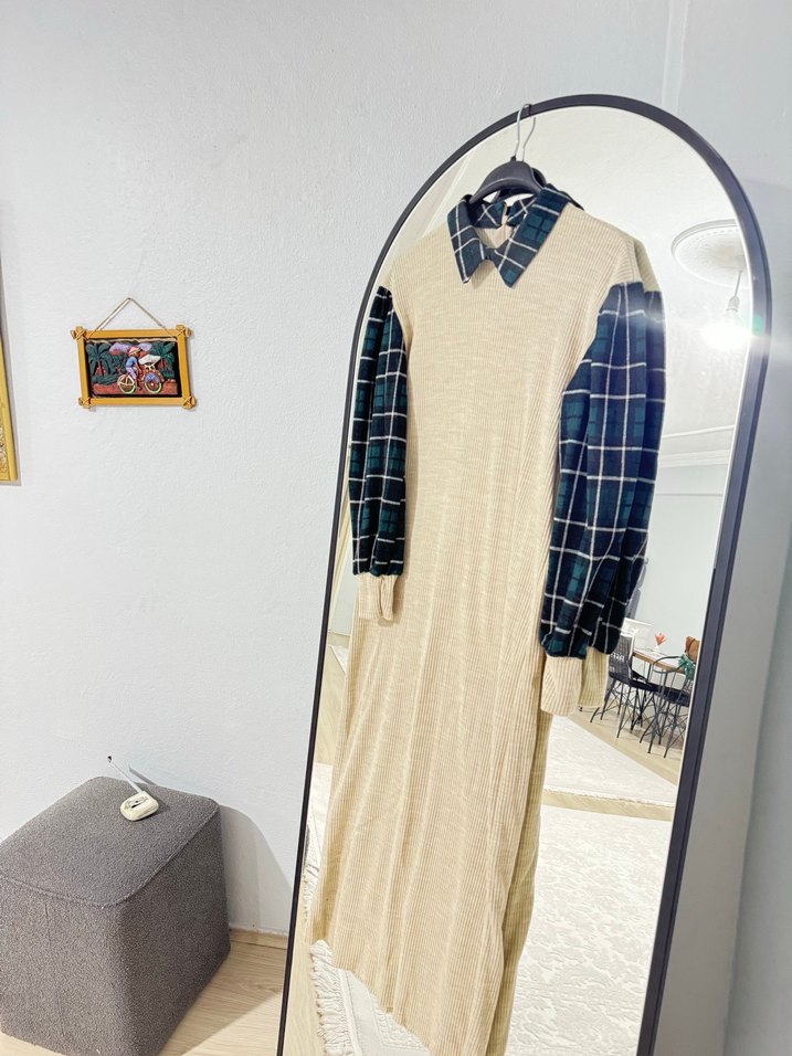 Bej Ekose Desenli Triko Kadın Elbise - Görsel 3