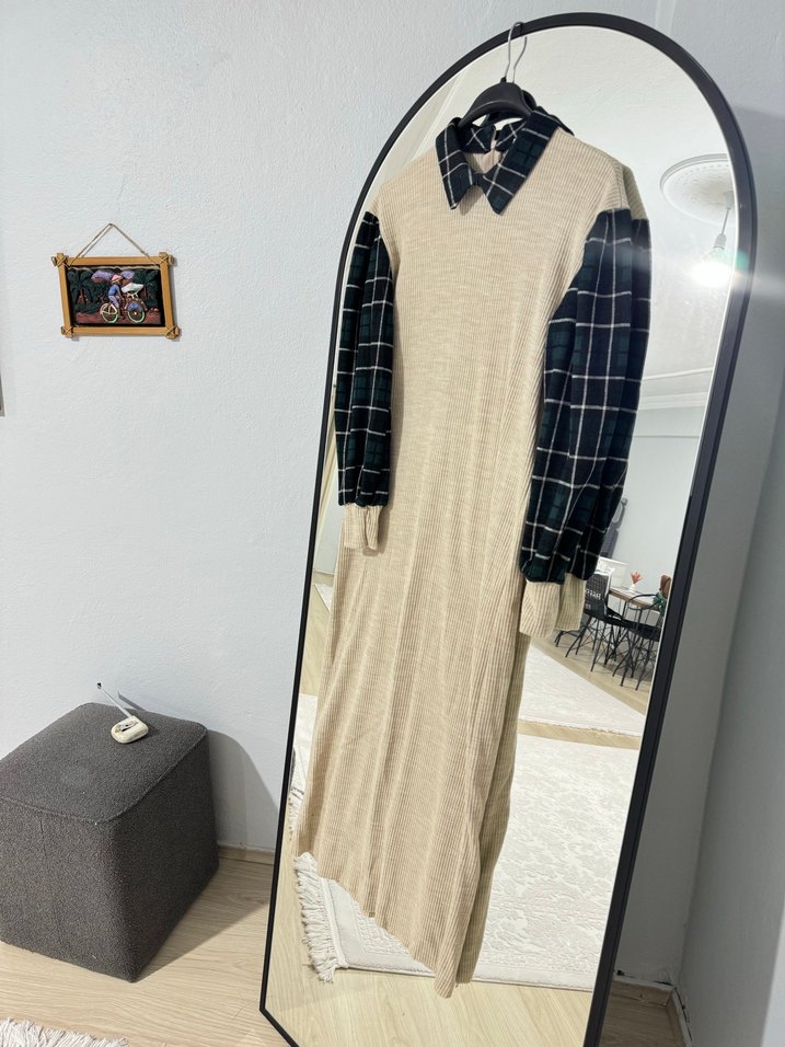 Bej Ekose Desenli Triko Kadın Elbise - Görsel 2