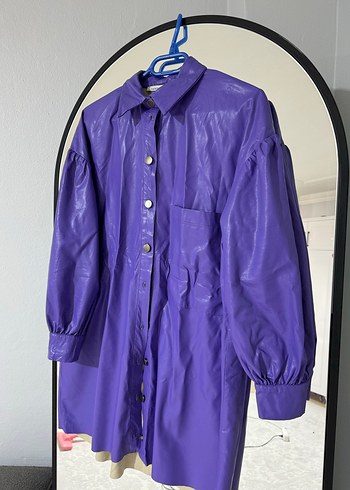 Düğmeli Mor Deri Kadın Ceket - Görsel 2