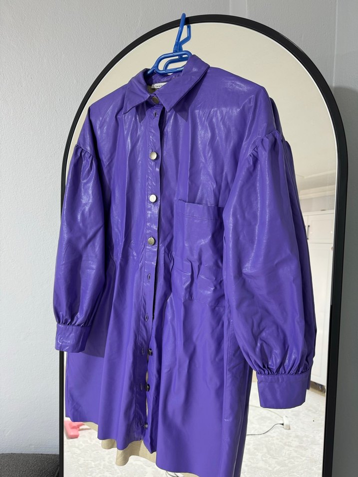 Düğmeli Mor Deri Kadın Ceket - Görsel 2