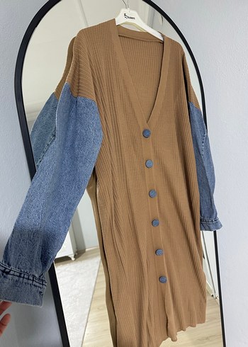 Düğmeli Uzun Kahverengi ve Denim Kadın Hırka - Görsel 2