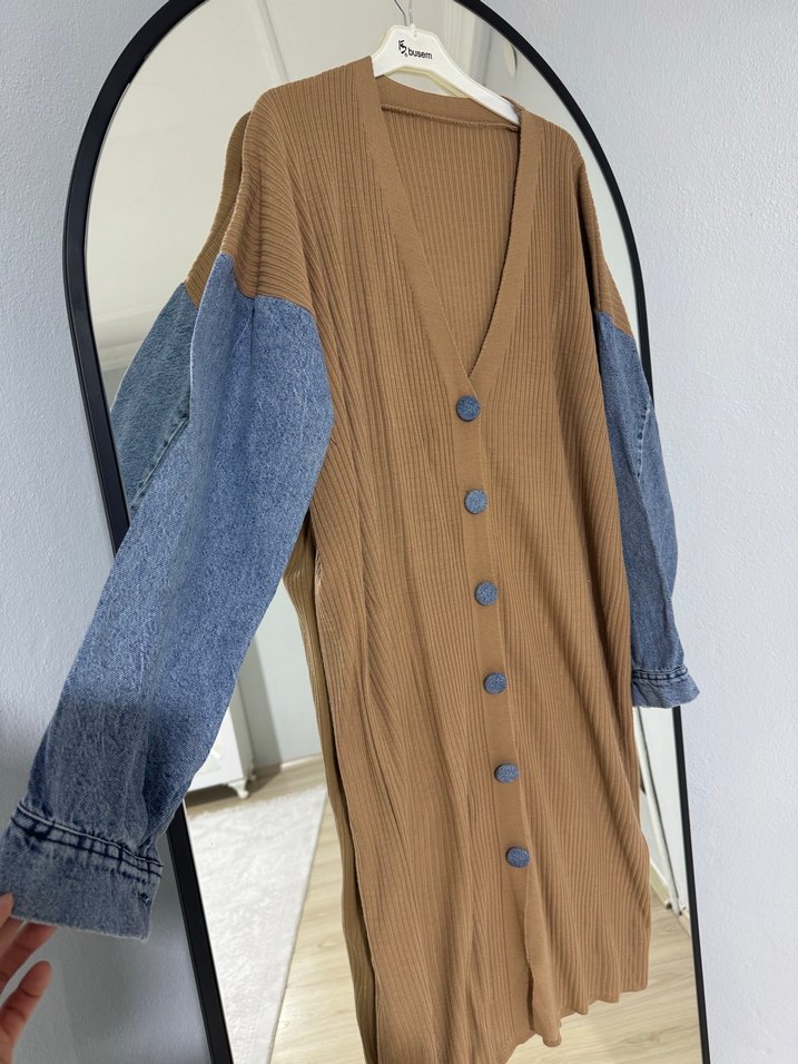 Düğmeli Uzun Kahverengi ve Denim Kadın Hırka - Görsel 2