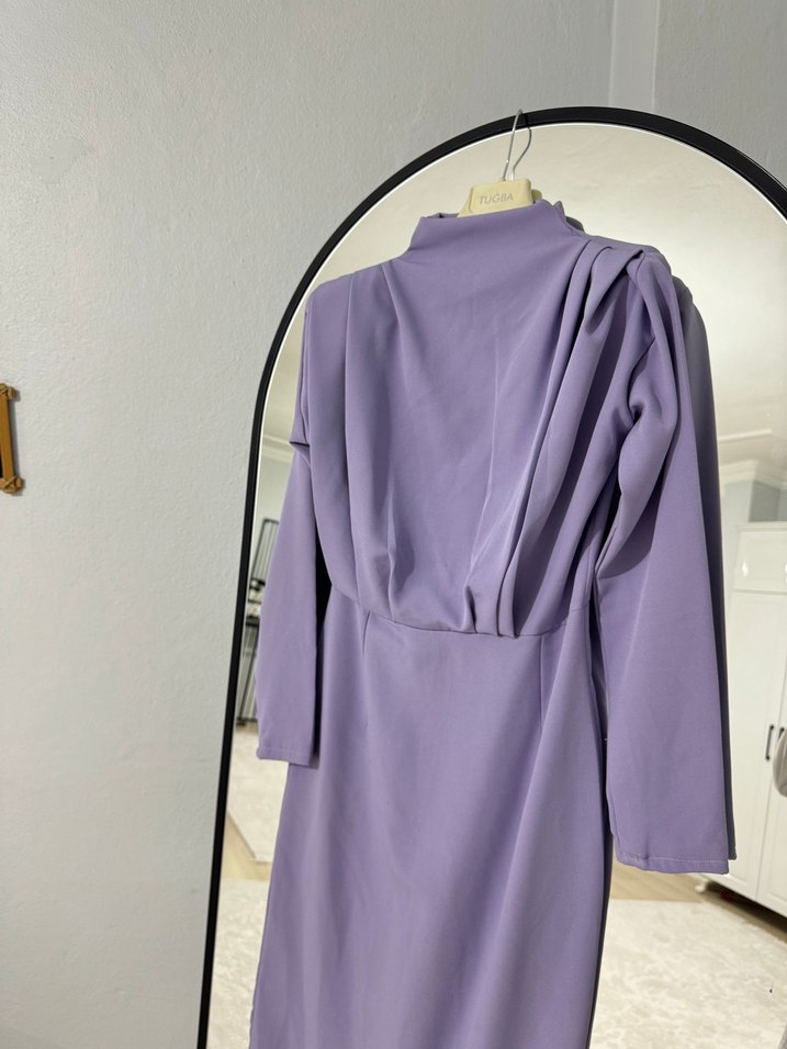 Mor Uzun Kollu Drapeli Elbise - Görsel 2