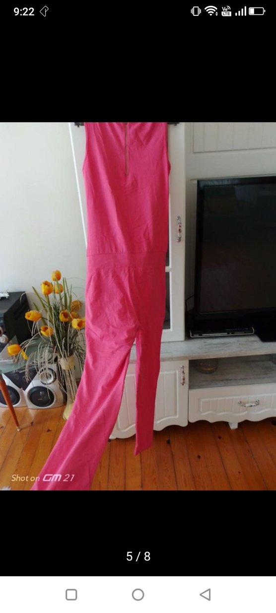 Pembe V Yaka Uzun Kadın Tulum - Görsel 3