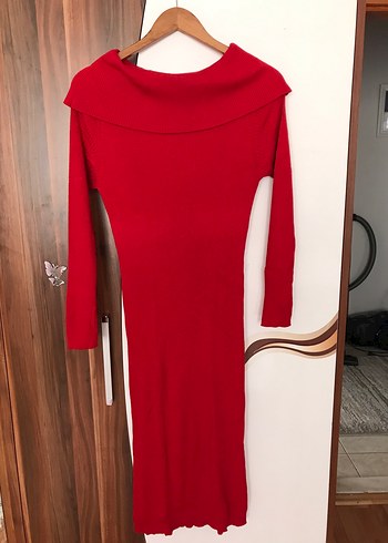Zara Kemerli Kırmızı Uzun Kollu Triko Elbise