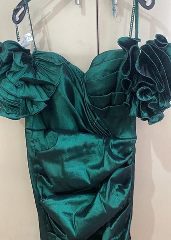 Parlak Yeşil Drapeli Mini Abiye Elbise - Görsel 2