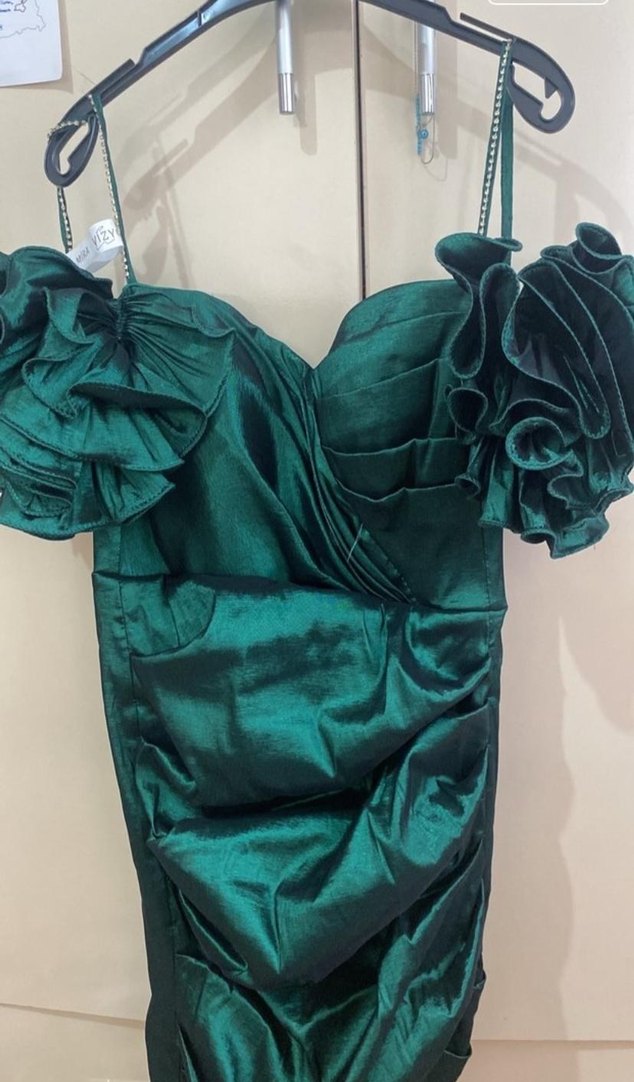 Parlak Yeşil Drapeli Mini Abiye Elbise - Görsel 2