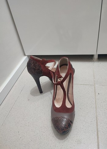 Kahverengi Yılan Desenli Süet Platform Topuklu - Görsel 2