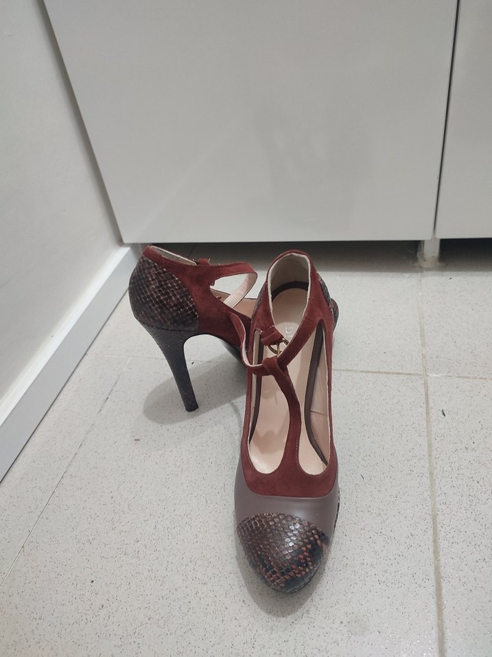 Kahverengi Yılan Desenli Süet Platform Topuklu - Görsel 2