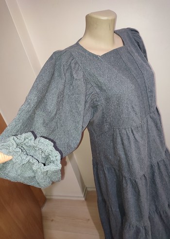 xl Beden Gri Uzun Bohem Denim Elbise