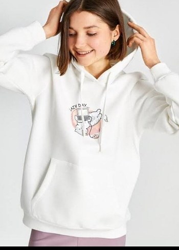 Beyaz Kapüşonlu Baskılı Kadın Sweatshirt