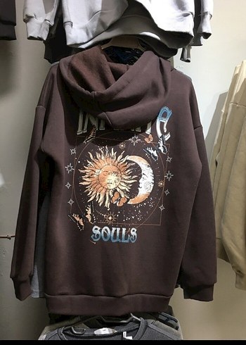 Kahverengi Baskılı Kapüşonlu Sweatshirt