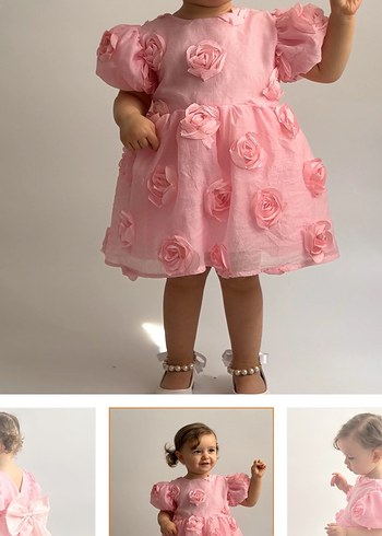 Pembe  Çiçek Detaylı Kız Çocuk doğum günü elbisesi - Görsel 2