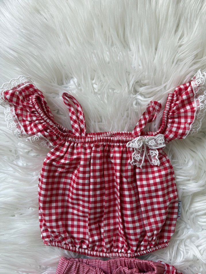 Kız Bebek Kırmızı Kareli Fırfırlı Takım - Görsel 2