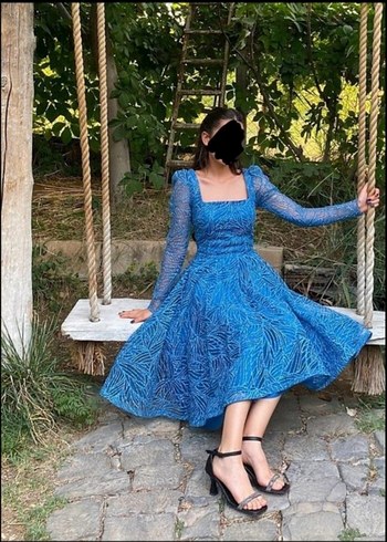 Diğer Dantel Detaylı Mavi Bohem Uzun Elbise