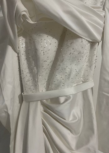 Drapeli Uzun Beyaz Nikah Abiye Elbise - Görsel 3