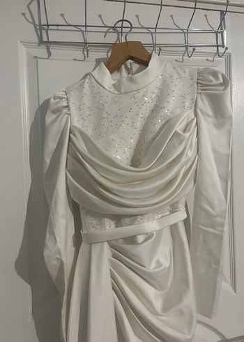 Drapeli Uzun Beyaz Nikah Abiye Elbise - Görsel 2