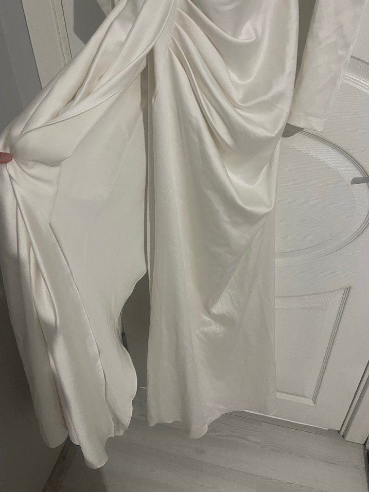 Drapeli Uzun Beyaz Nikah Abiye Elbise - Görsel 4