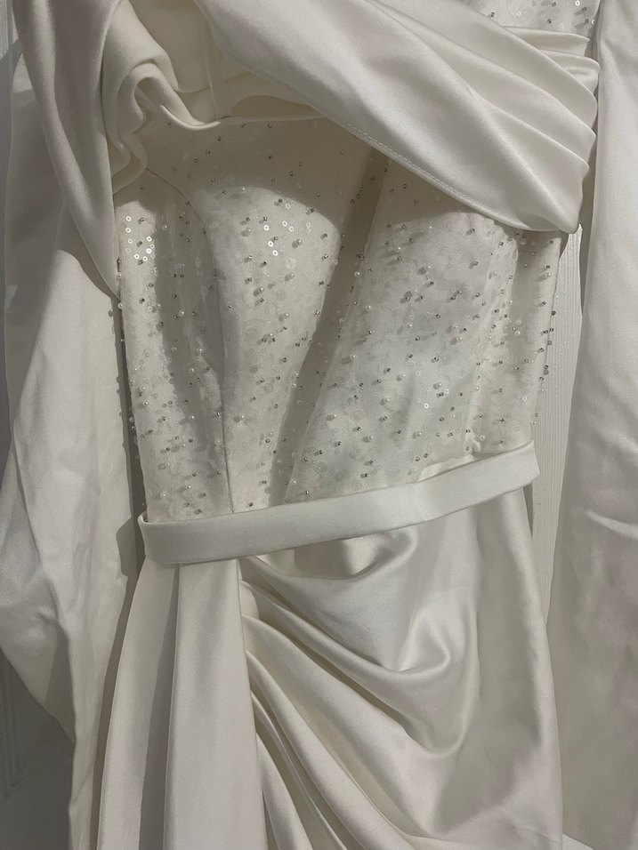 Drapeli Uzun Beyaz Nikah Abiye Elbise - Görsel 3
