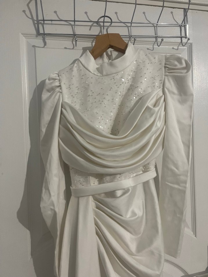 Drapeli Uzun Beyaz Nikah Abiye Elbise - Görsel 2