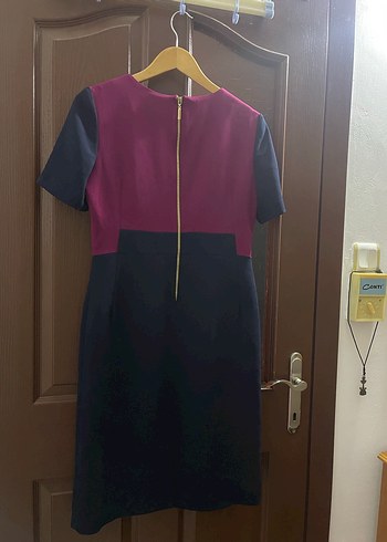 Mor Siyah Kısa Kollu Midi Kalem Elbise - Görsel 4