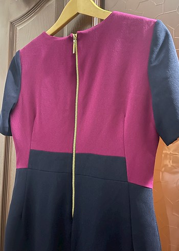 Mor Siyah Kısa Kollu Midi Kalem Elbise - Görsel 5