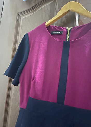 Mor Siyah Kısa Kollu Midi Kalem Elbise - Görsel 3