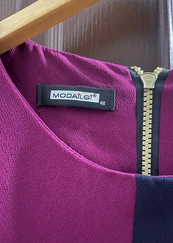 Mor Siyah Kısa Kollu Midi Kalem Elbise - Görsel 2