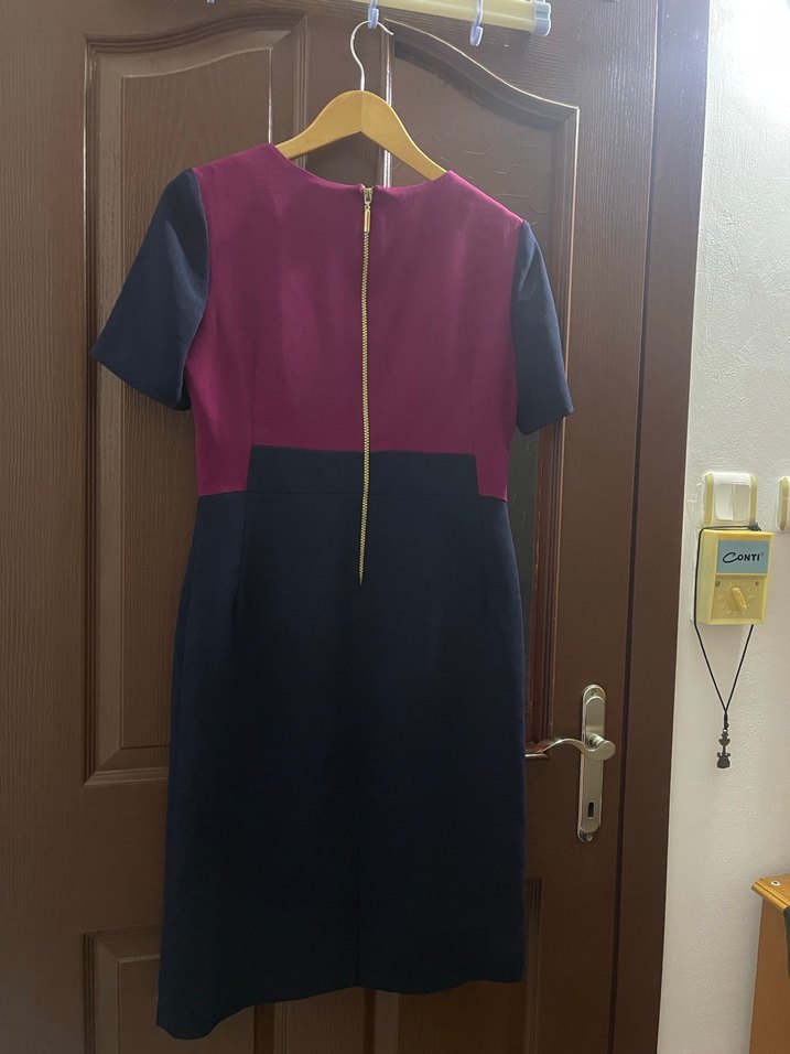 Mor Siyah Kısa Kollu Midi Kalem Elbise - Görsel 4