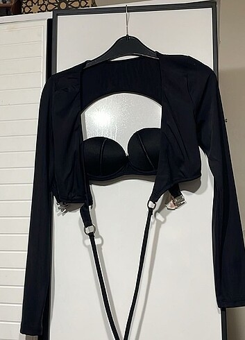 Penti siyah crop long sleeve wire üst
