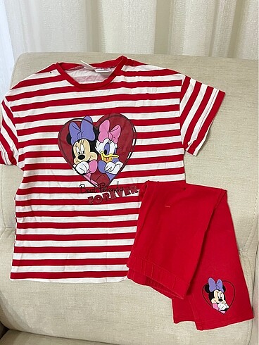 Kirmizi Minnie Mouse Baskılı Kız Çocuk Tişört ve Tayt 2'li