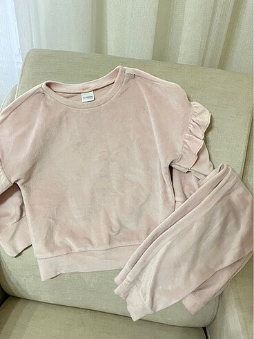 Pembe Bisiklet Yaka Uzun Kollu Kız Çocuk Kadife Pijama Takımı