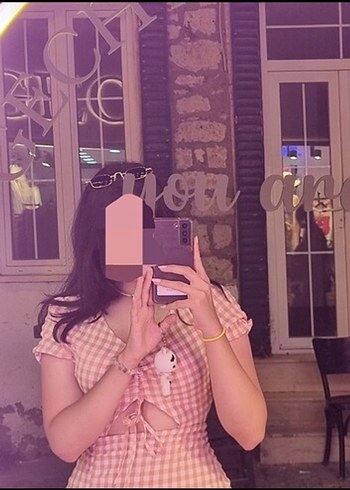 38 Beden Pembe Kareli V Yaka Mini Elbise