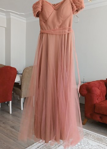 Pembe Uzun Drapeli Abiye Elbise