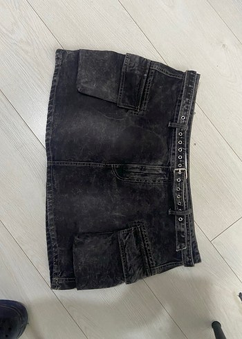 Siyah Kemerli Denim Mini Etek