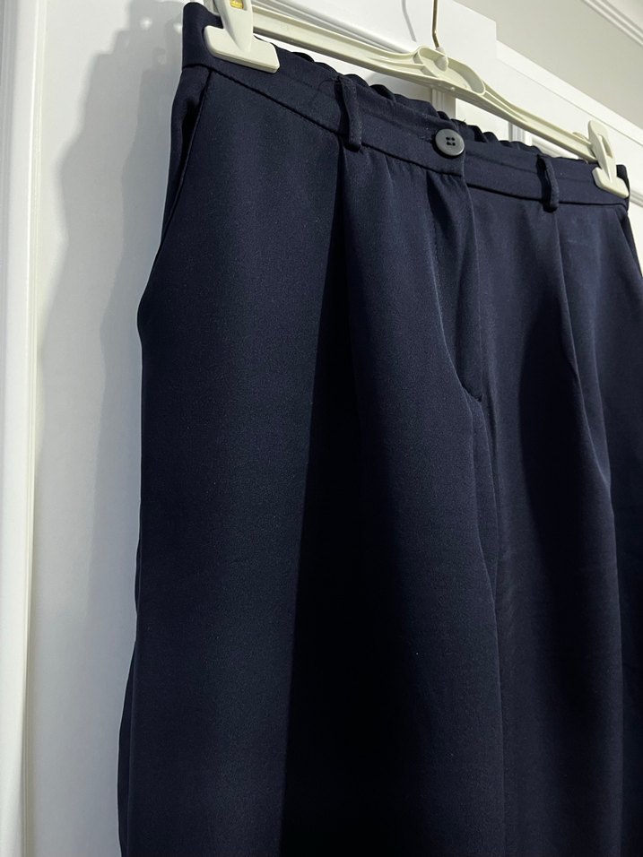 Lacivert Pilili Kadın Kumaş Pantolon - Görsel 3