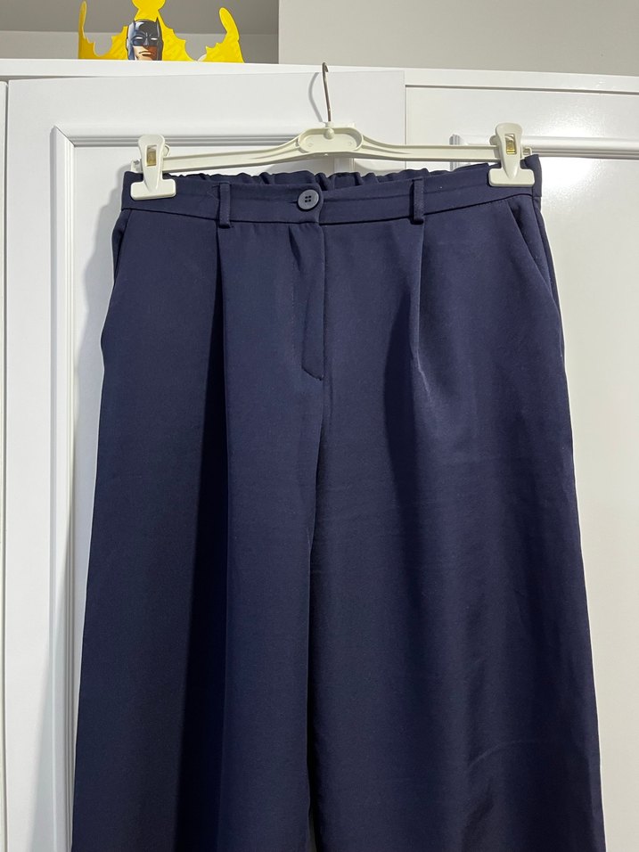 Lacivert Pilili Kadın Kumaş Pantolon - Görsel 5