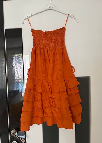 Turuncu Mini Askılı Fırfırlı Elbise