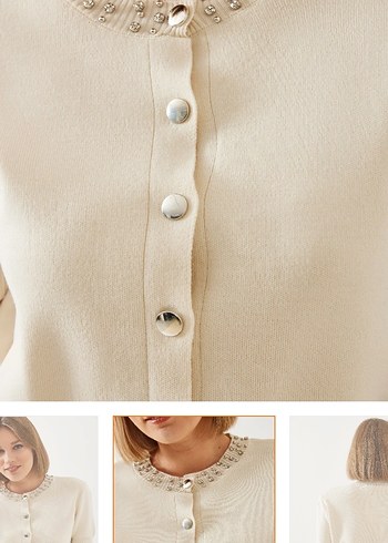 Taş işlemeli Bej Kısa Kollu Mini triko  Hırka - Görsel 3