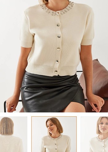 Taş işlemeli Bej Kısa Kollu Mini triko  Hırka - Görsel 2