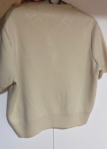 Taş işlemeli Bej Kısa Kollu Mini triko  Hırka - Görsel 6